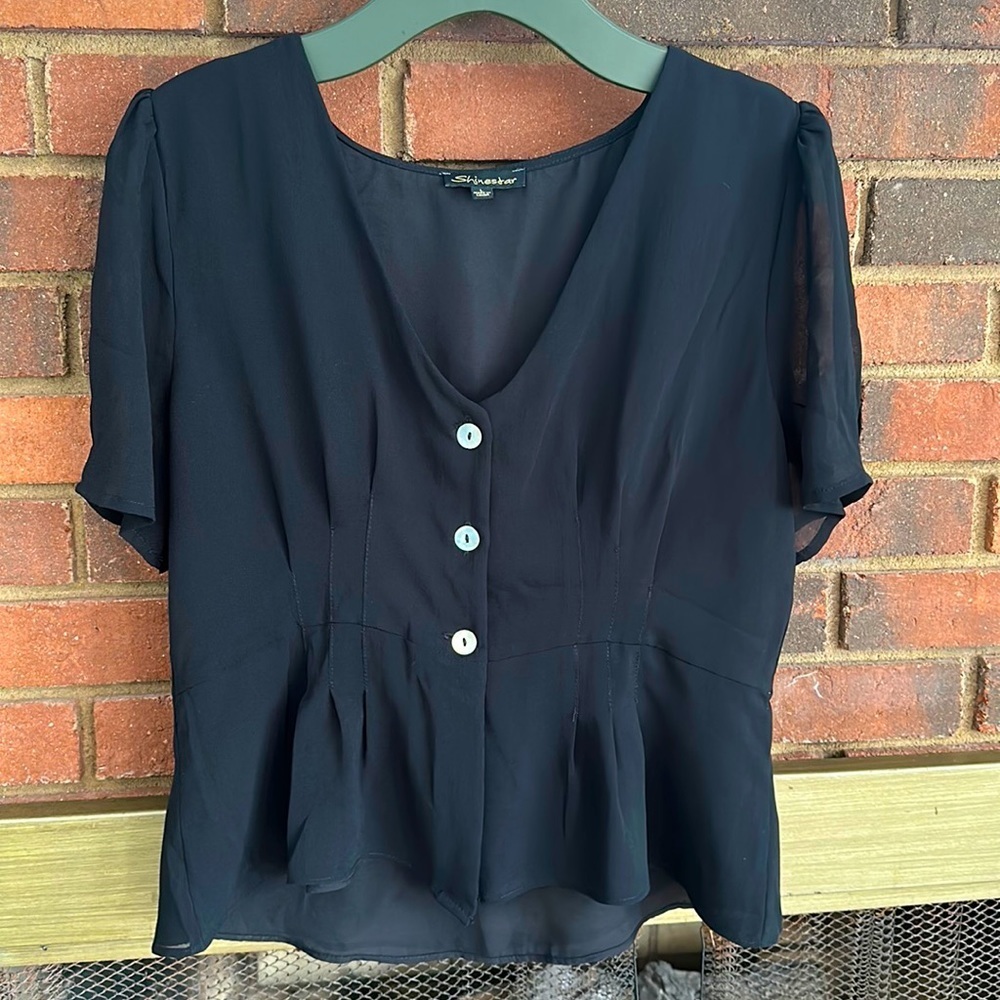 Shinestar Black V-Neck Button Front Short Sleeve Blouse